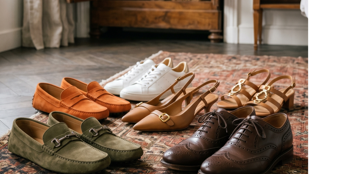 Different types of women and men shoes in a bedroom on a carpet