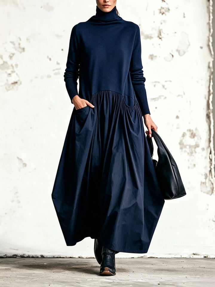 Robe Maxi Oversize à Détail Poche Col Montant