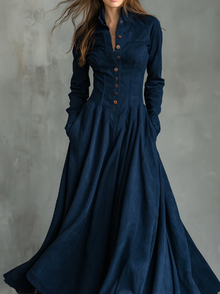 Robe maxi en faux suède bleu foncé gothique avec col chemise bordé de dentelle
