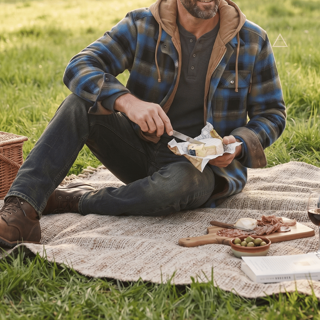 Capucine™ – Veste patchwork à carreaux — Azur et Sable, pique-nique en plein air