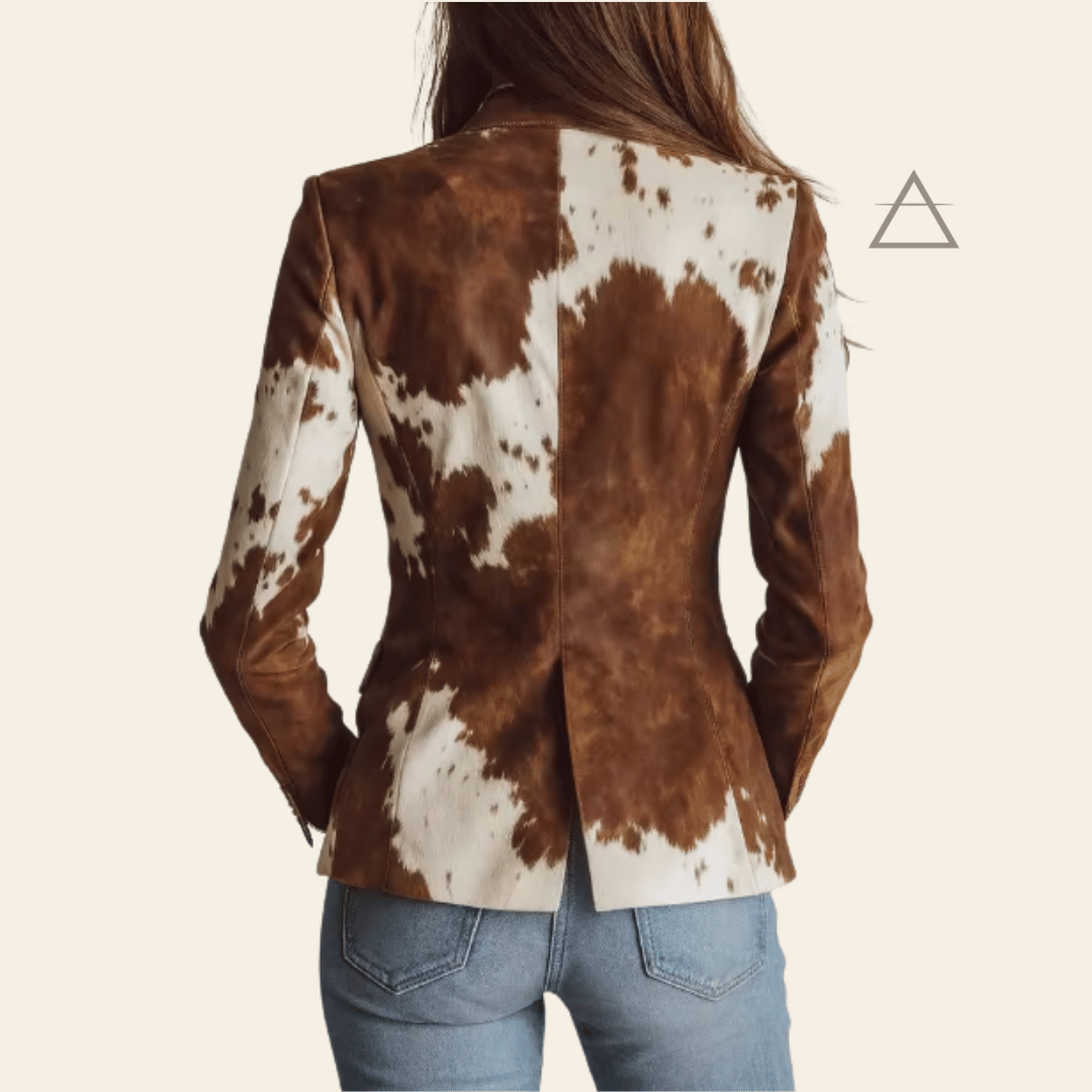 Vue de dos du blazer Bérénice à imprimé effet peau de vache brun et ivoire, porté avec un jean.