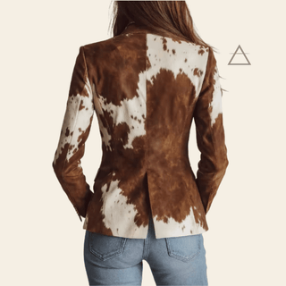 Vue de dos du blazer Bérénice à imprimé effet peau de vache brun et ivoire, porté avec un jean.