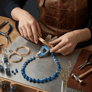 Mains travaillant sur un collier de perles bleues avec une tranche d’agate et un charm papillon.