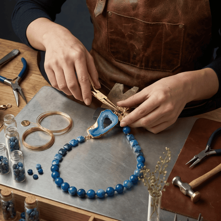 Mains travaillant sur un collier de perles bleues avec une tranche d’agate et un charm papillon.