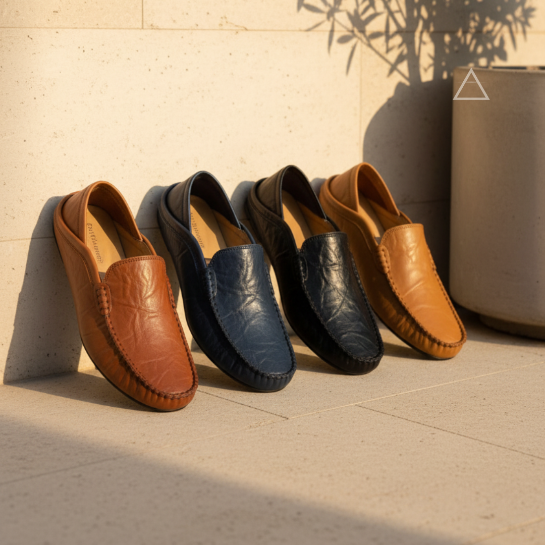 Mocassins en cuir texturé disponibles en cognac, marine, noir et camel — collection Le Pas
