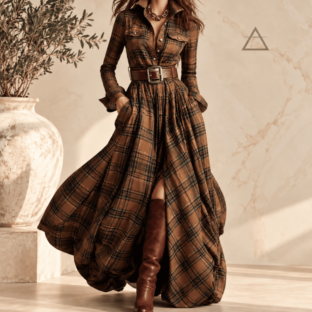 Robe longue Constance en coloris Cognac, à carreaux brun chaud et foncé, avec col chemise, ceinture brune et jupe ample.
