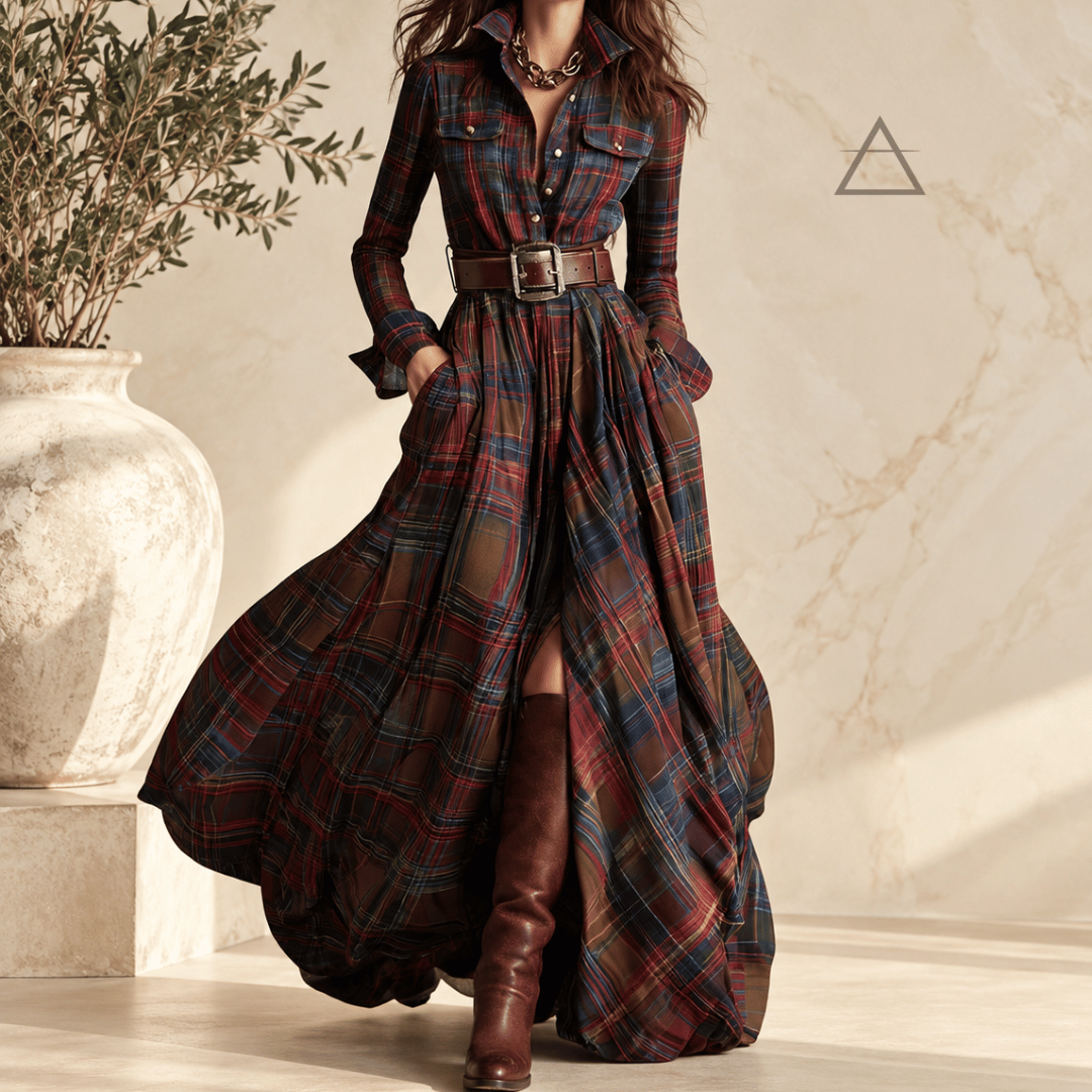 Découvrez Constance, une robe longue à carreaux avec ceinture incluse, col chemise et jupe ample. Une silhouette de caractère signée par votre style.