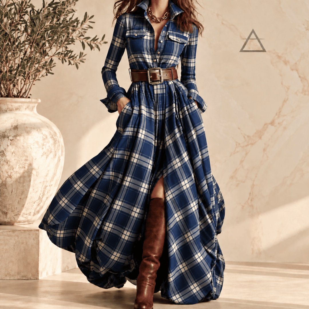 Robe longue Constance en coloris Marine, à carreaux bleu marine et ivoire, portée avec une ceinture brune et des bottes hautes.