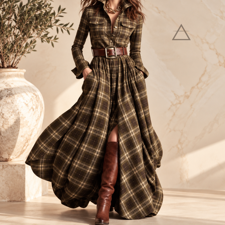 Robe longue Constance en coloris Terre Brune, à carreaux bruns et beige, avec col chemise, ceinture brune et jupe ample.