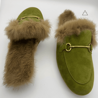 Garance™ olive suede mule pair — fur lining and gold horsebit detail — Studio Vespria