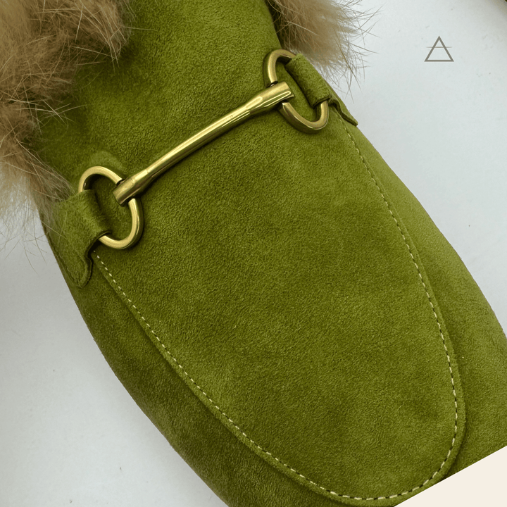 Garance™ gold horsebit detail on olive suede — craftsmanship close-up — Studio Vespria