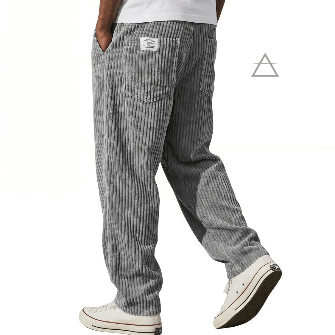 Pantalon Jules pour homme en velours côtelé gris perle, à coupe ample et taille élastiquée avec cordon de serrage.⠋