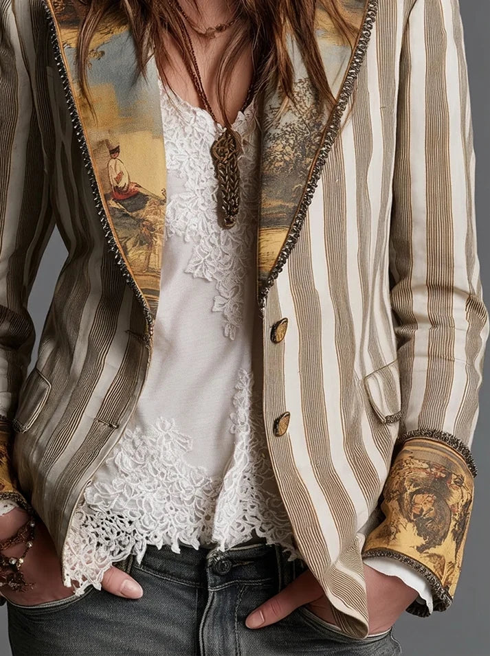 Sara | Blazer Bohémien à Rayures avec Col Imprimé