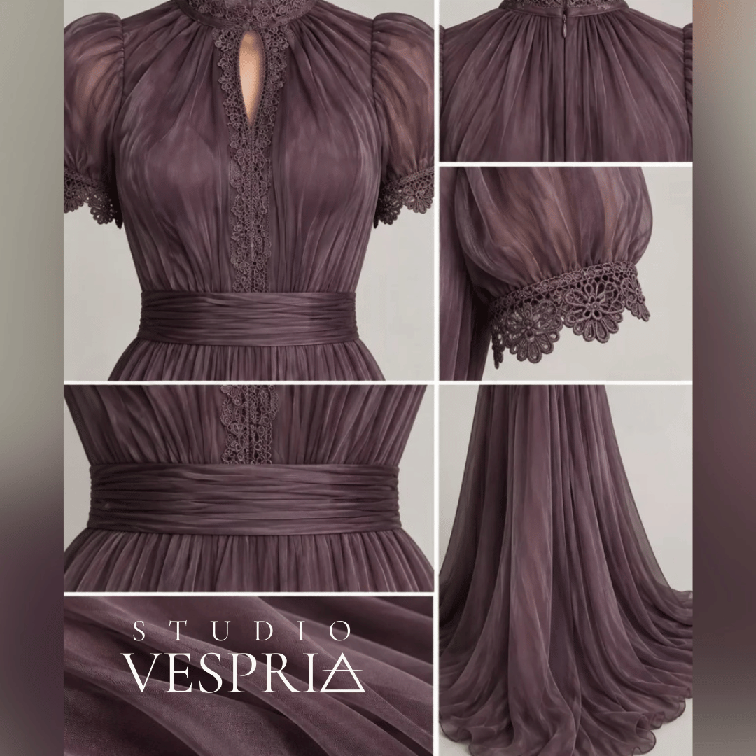 Détails de la robe Isaline en violet profond : col, dentelle, manches et taille froncée.