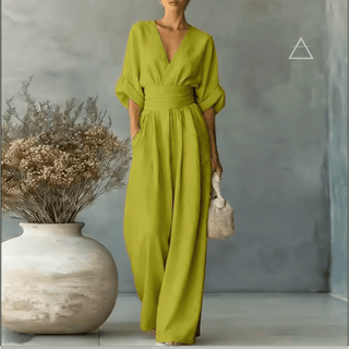 Apolline™ — combinaison fluide Olive à décolleté croisé