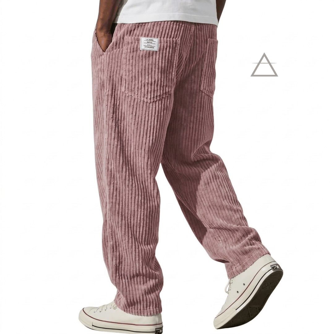 Pantalon Jules pour homme en velours côtelé rose cendré, à coupe ample et taille élastiquée avec cordon de serrage.⠋
