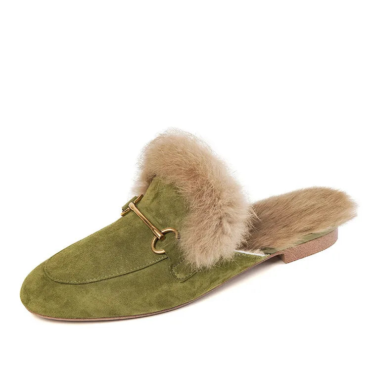 Garance™ fur-lined mule in natural olive suede with gold horsebit — Studio Vespria