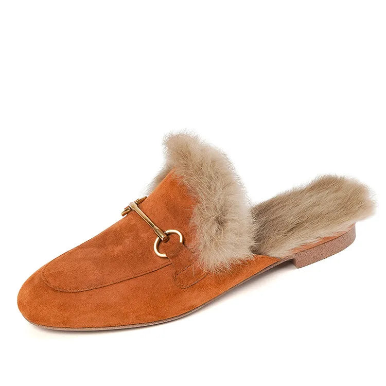 Garance™ fur-lined mule in terracotta suede with gold horsebit — Studio Vespria