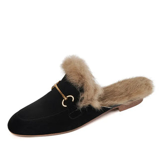 Garance™ fur-lined mule in black suede with gold horsebit — Studio Vespria
