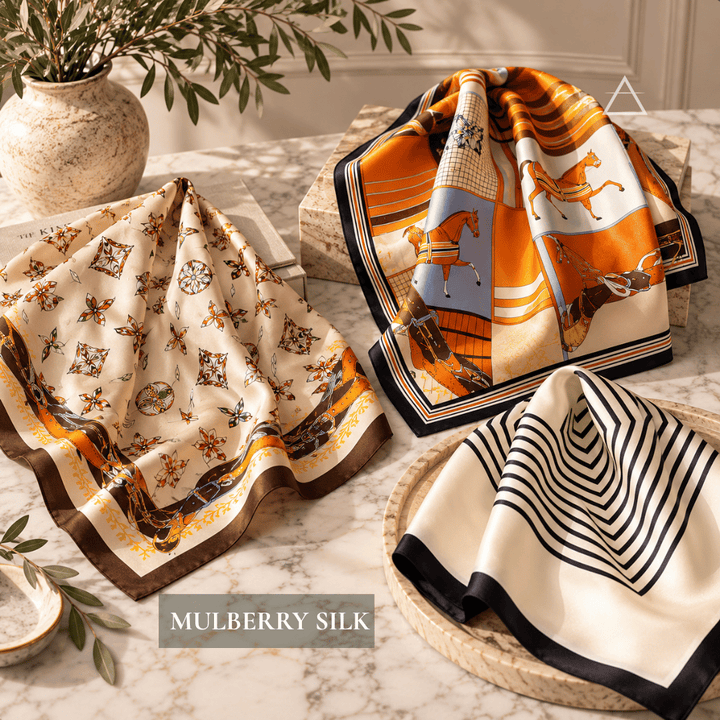 Trois carrés disposés sur une table claire, aux motifs ornementaux crème et brun, équestres orange et noir, et rayures noires et ivoire.
