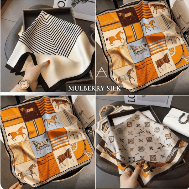 Trois modèles de carrés imprimés : rayures noires sur fond ivoire, motif équestre orange et bleu clair, et motifs ornementaux sur fond crème.