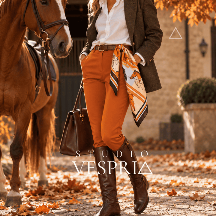 Carré Équestre Orange à motifs de chevaux, noué à un passant de pantalon orange, porté avec une chemise blanche, une veste brune et des bottes cavalières.