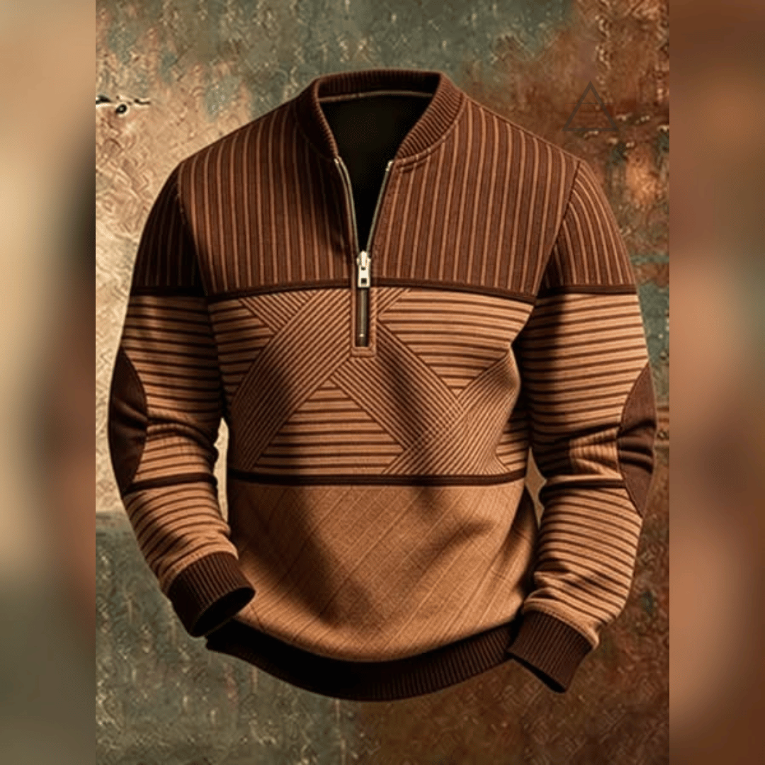 Haut Victor cognac vu de face, avec motif géométrique contrasté, manches longues et col à demi-zip