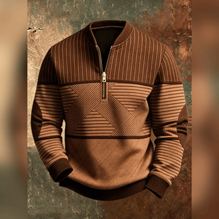 Haut Victor cognac vu de face, avec motif géométrique contrasté, manches longues et col à demi-zip