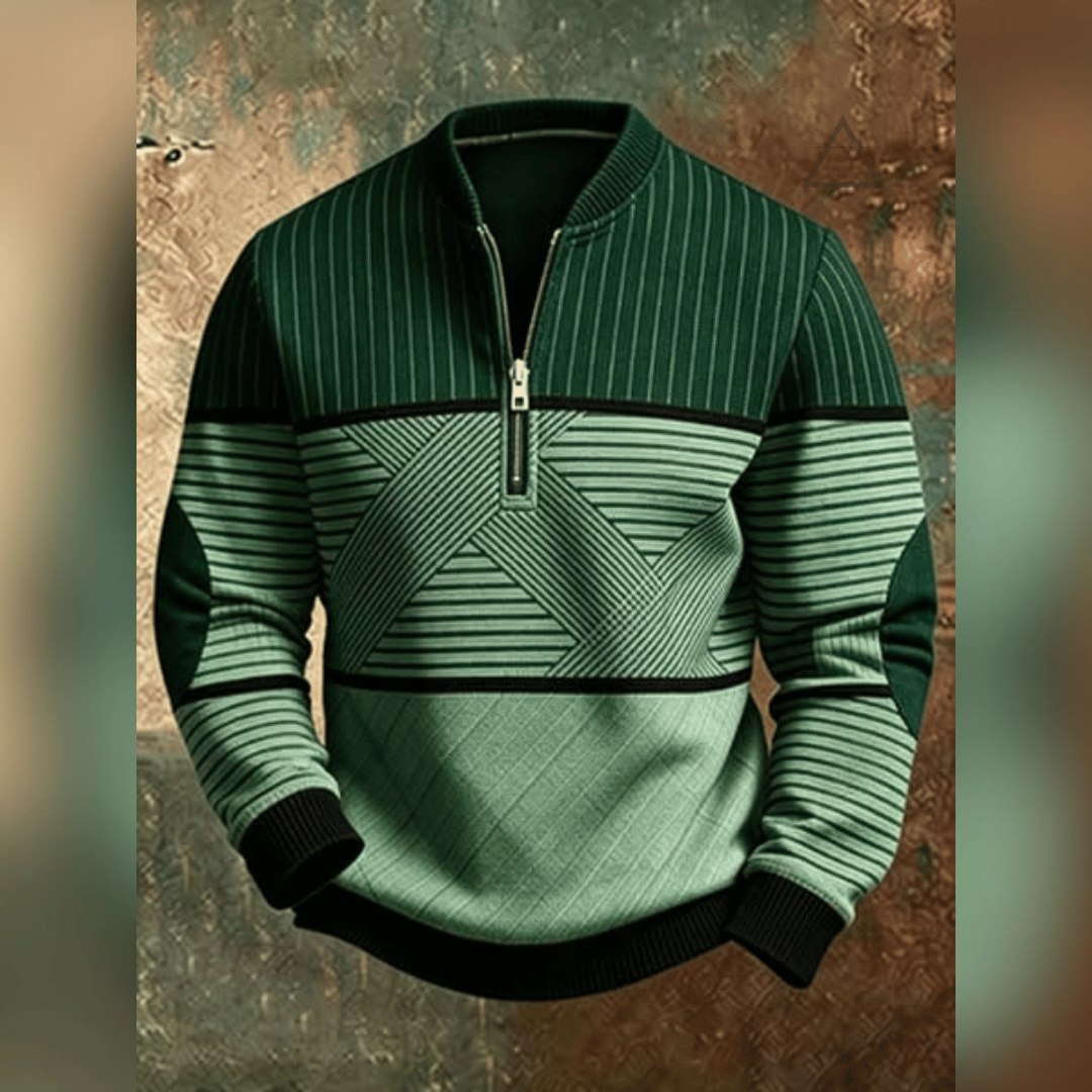 Haut Victor vert vu de face, avec motif géométrique contrasté et col à demi-zip