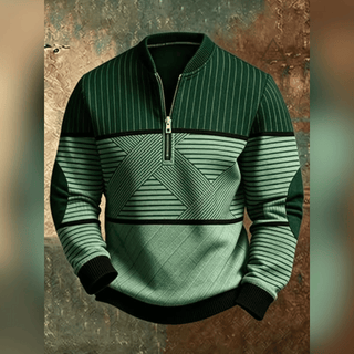 Haut Victor vert vu de face, avec motif géométrique contrasté et col à demi-zip