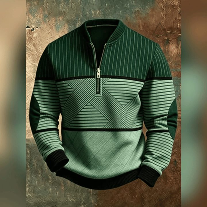 Haut Victor vert vu de face, avec motif géométrique contrasté et col à demi-zip