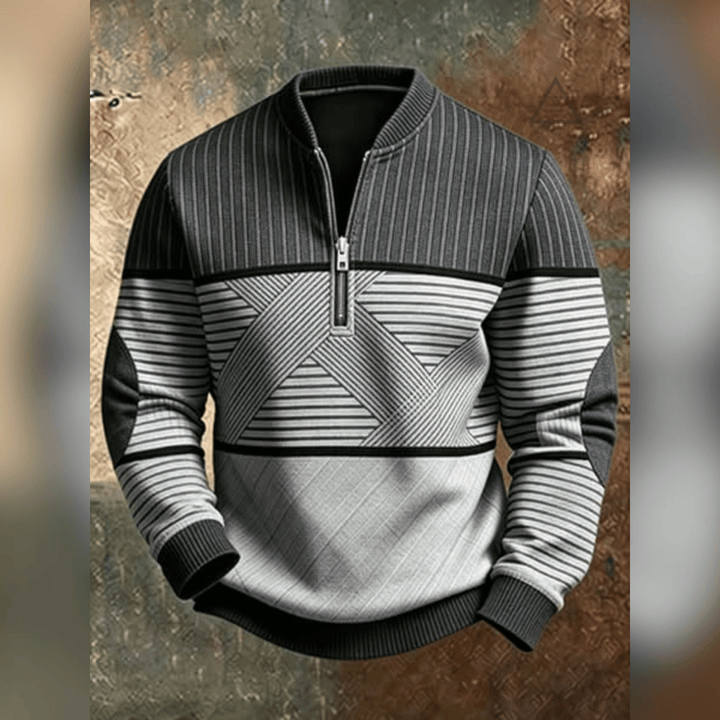 Haut Victor gris vu de face, avec motif géométrique clair et foncé et col à demi-zip