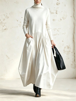 Robe Maxi Oversize à Détail Poche Col Montant