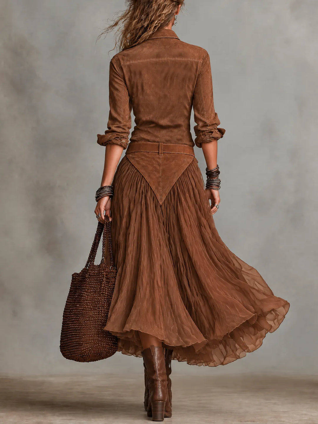 Ensemble Chemise en Suédine Marron et Jupe Midi en Tulle Fluide (Ceinture incluse)