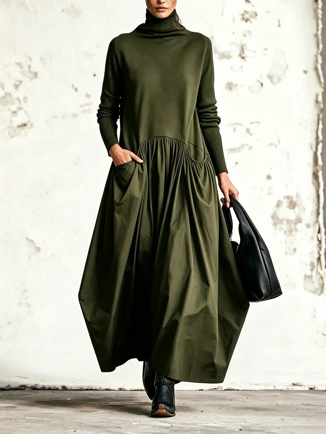 Robe Maxi Oversize à Détail Poche Col Montant