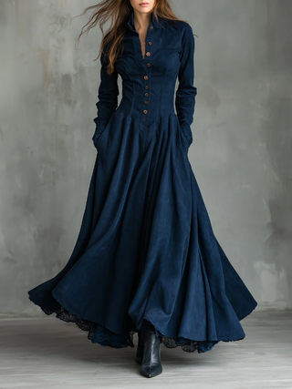Robe maxi en faux suède bleu foncé gothique avec col chemise bordé de dentelle