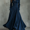 Robe maxi en faux suède bleu foncé gothique avec col chemise bordé de dentelle