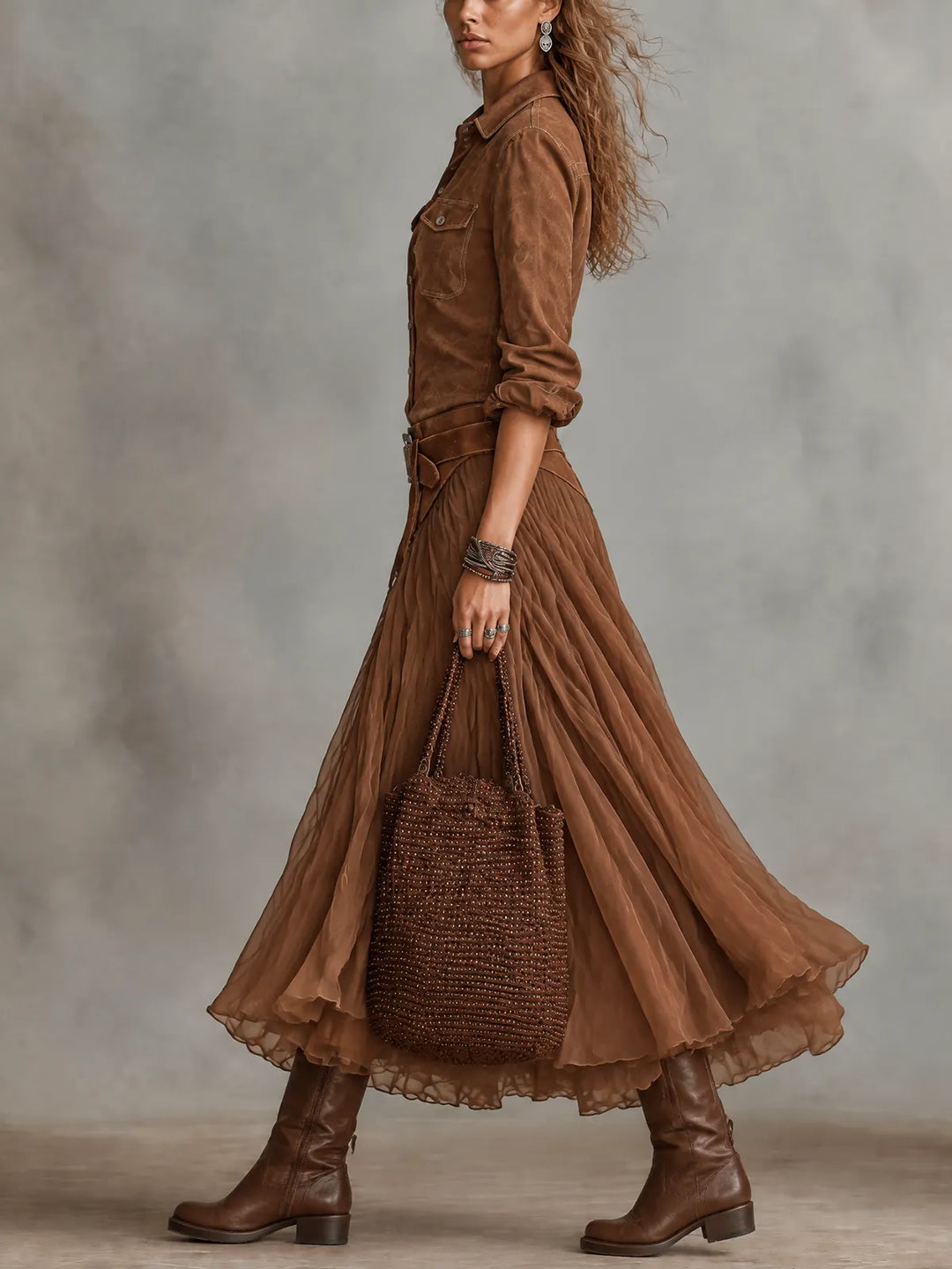 Ensemble Chemise en Suédine Marron et Jupe Midi en Tulle Fluide (Ceinture incluse)