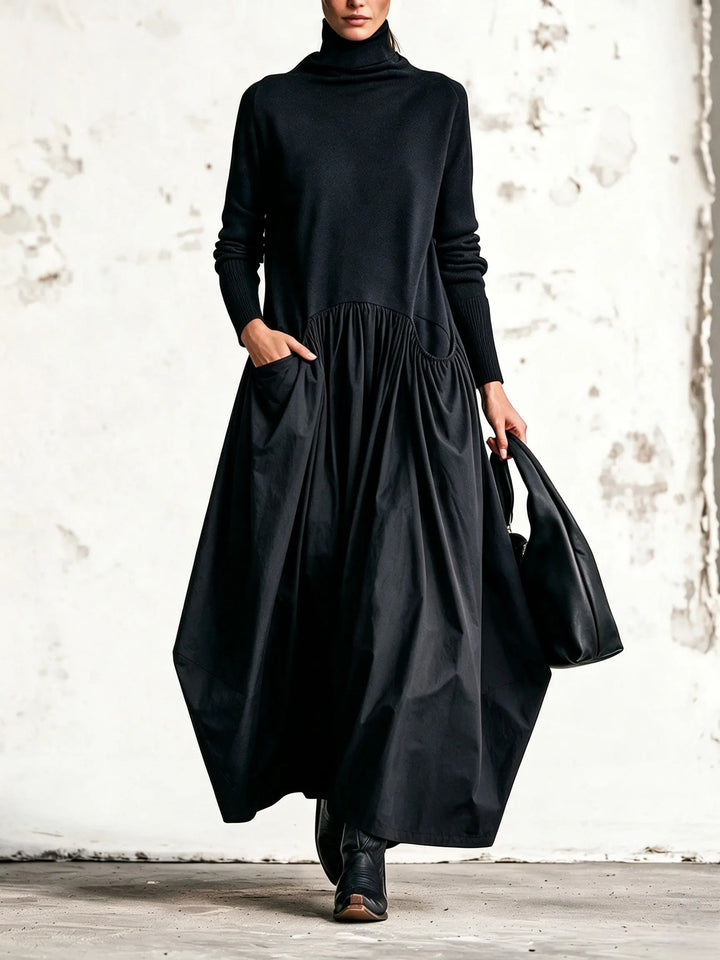 Robe Maxi Oversize à Détail Poche Col Montant